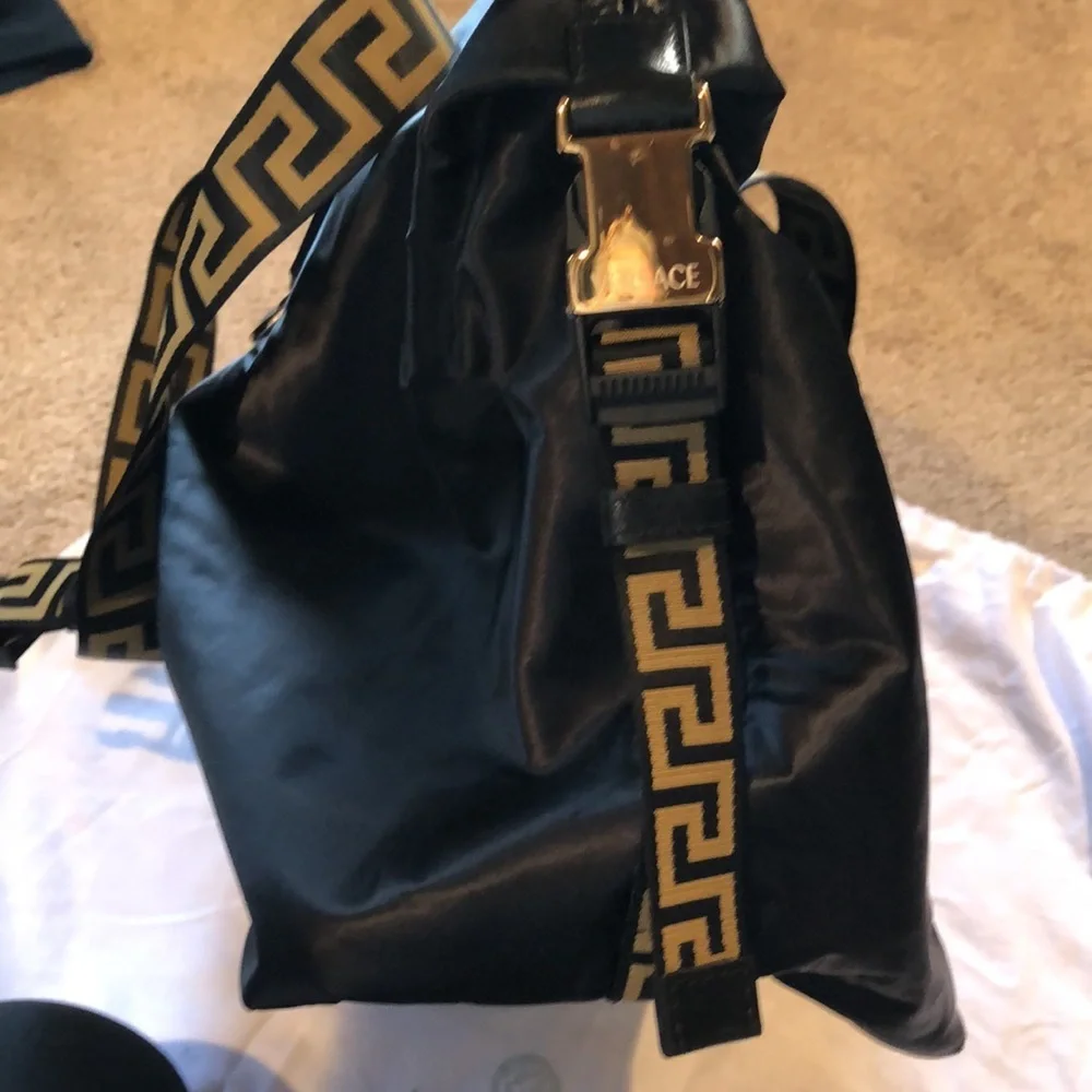 Versace like new black Greca travel bag gold accents nylon magnet close  17x14x7